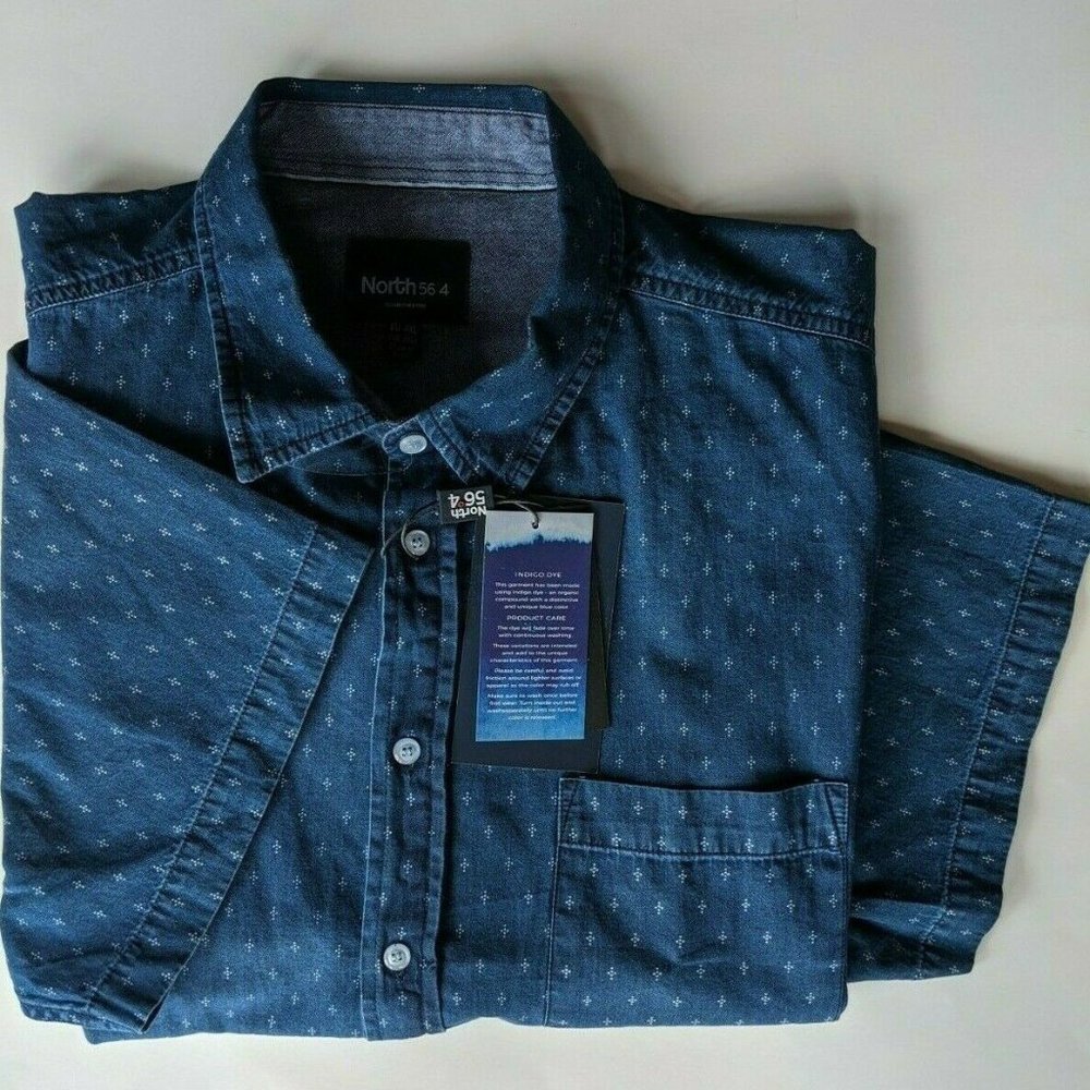 Big & Tall Sz 3XL NORTH 56º4 Short Sleeve Indigo Blue Mens' Shirt RET $89.50